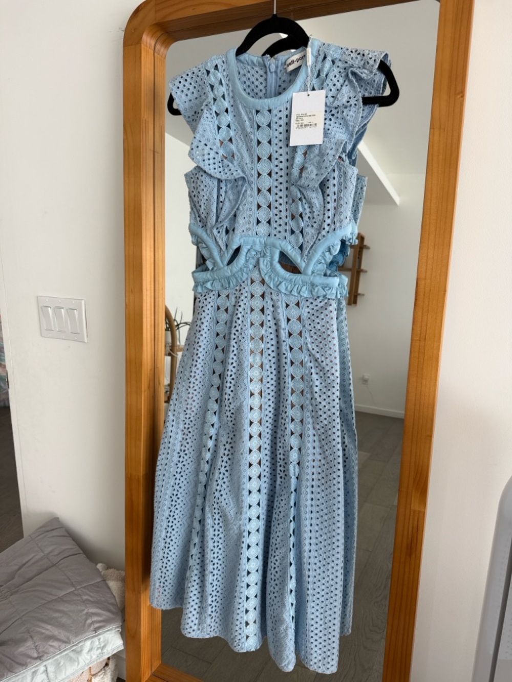 Self-Portrait Light Blue Eyelet Cutout Midi Dress